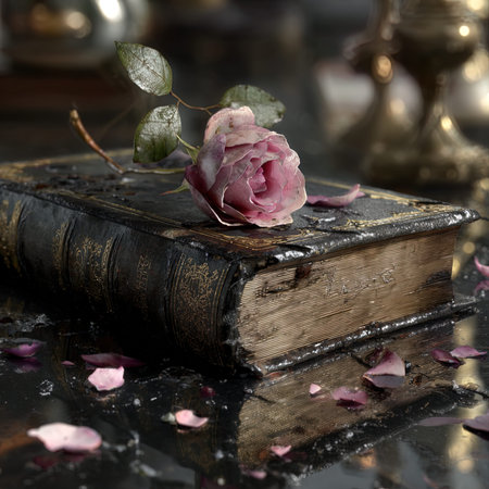 Old book and rose on a black background with water drops. Selective focusの写真素材