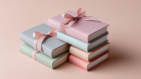 Stack of books with ribbon bow on pink background. 3d illustration