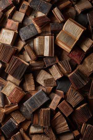 Stack of old books as background. Top view. Close up.の写真素材