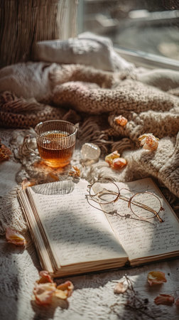 A cup of tea, books, glasses and a knitted sweater on the windowsillの写真素材