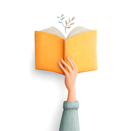 Female hand holding book on white background, top view. Education conceptの写真素材