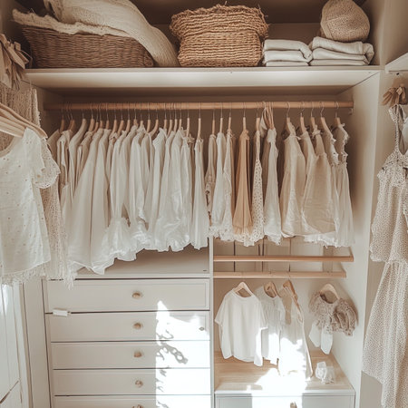 Beautiful white clothes hanging on the shelves in the wardrobe. Vintage styleの写真素材