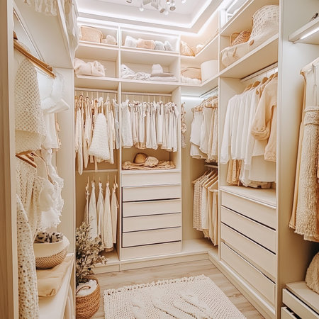 Closet with different clothes and accessories in the dressing room.の写真素材