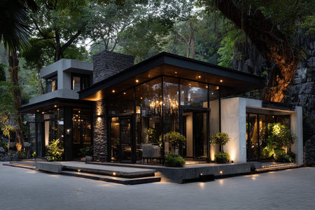 Luxury modern house in the garden at night with beautiful lightingの写真素材