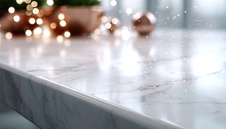 White marble countertop with bokeh lights and decorations