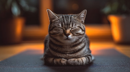 Cute tabby cat sleeping on yoga mat in the morning.