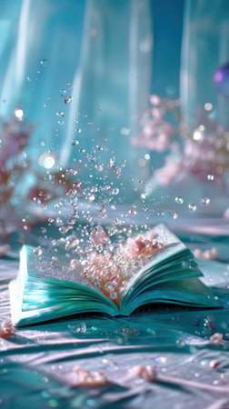 Open book with water splashes on a background of blue draperyの写真素材