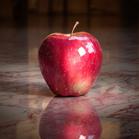 Red apple on a marble floor with reflection and copyspace.の写真素材