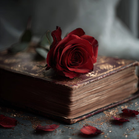 Vintage book with red rose on dark background. Selective focusの写真素材