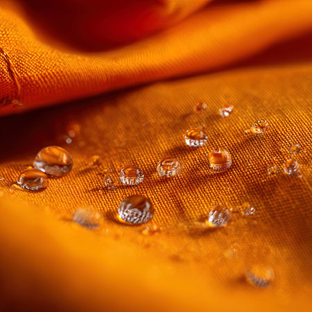 Water drops on orange fabric. Macro shot. Soft focus. Abstract background.の写真素材