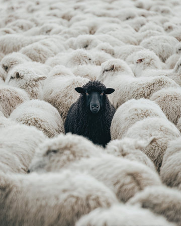 Sheep in a flock of sheep. Black sheep on a flock of sheep.の写真素材