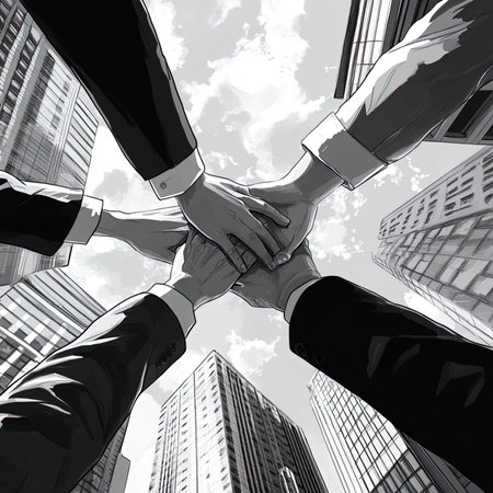 Business people with hands together on the background of the skyscrapersの写真素材