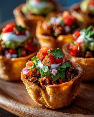 Tartlets with minced meat, tomato, onion, parsley