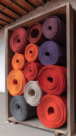 Rolls of multicolored yoga mats in a wooden box.の写真素材