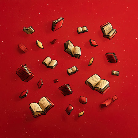 Books flying in the air on a red background. Vector illustration.の写真素材