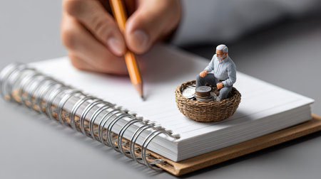 Miniature people : Businessman sitting on a nest with coins and notebook