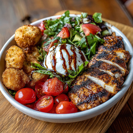 Grilled chicken fillet with salad on wooden background