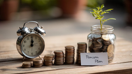 Coins in glass jar and alarm clock on wooden table. Saving money concept.