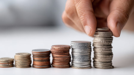 Close up of female hand putting coin to stack of coins, business and finance concept