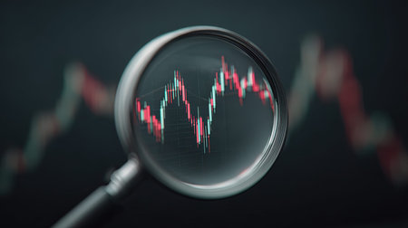 Magnifying glass and candlestick chart on dark background. 3d renderingの写真素材