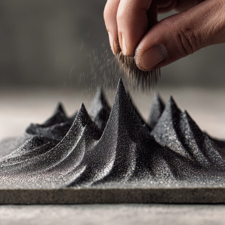Close-up of a hand with a brush dusting a black stone.の写真素材