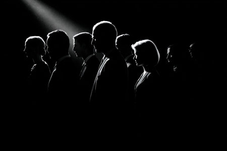 Silhouette of a group of people in front of a spotlight