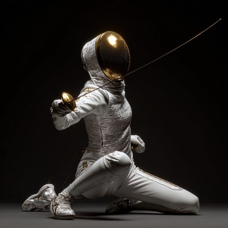 Fencer in a white suit with a sword on a dark background