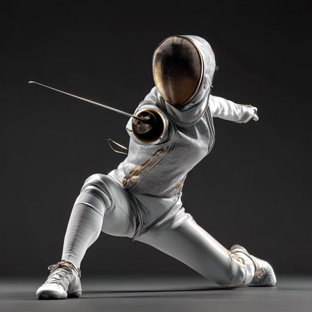 Fencer in a white uniform on a dark background. 3d rendering