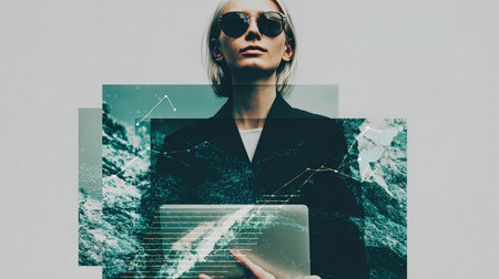 businesswoman using tablet pc with financial graph on screen. double exposureの写真素材