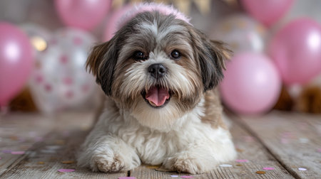 Cute Shih Tzu puppy on a wooden background with pink balloonsの写真素材
