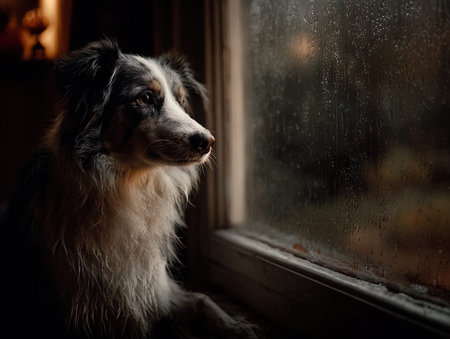 Australian shepherd dog looking out the window on rainy day. Sad pet.の写真素材