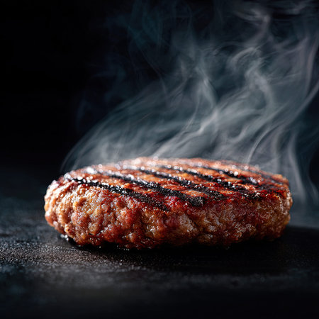 Grilled hamburger steak with smoke on black background, closeup