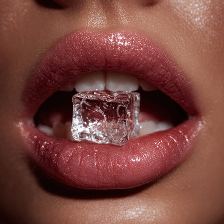Closeup portrait of a beautiful young woman with ice cubes in mouthの写真素材