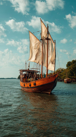 Old wooden sailing boat on the river at sunset. Toned.の写真素材