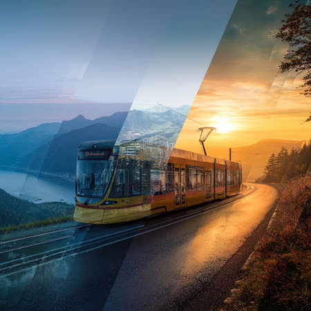 Double exposure of modern tram on mountain road at sunset, travel conceptの写真素材