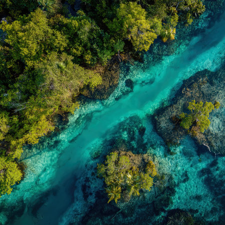 Aerial view of turquoise waters of a tropical lagoon.の写真素材