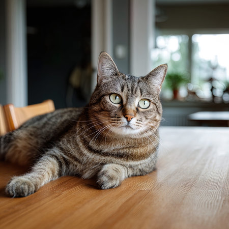 Cute tabby cat sitting on the wooden floor in the living roomの写真素材