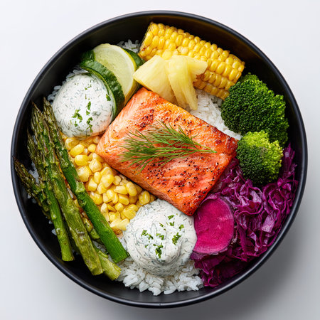 Bowl with salmon, rice and vegetables on white backgroundの写真素材