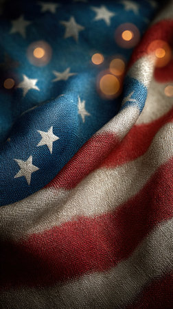 Closeup of American flag with bokeh effect on dark backgroundの写真素材