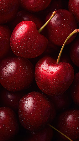 Ripe red cherries with water drops on a dark background.