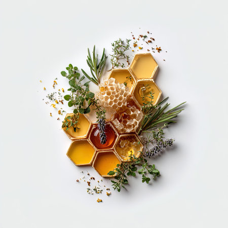 Honey in honeycombs with herbs and flowers on white backgroundの写真素材