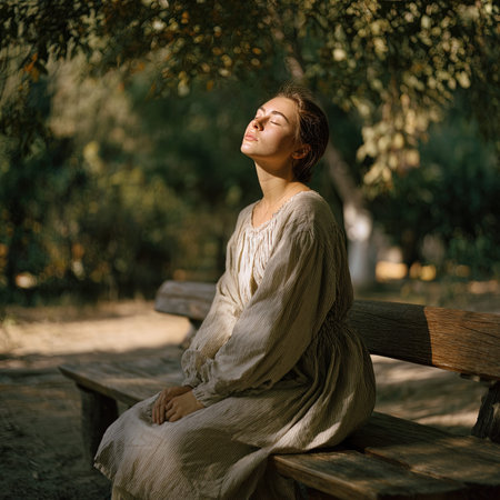 Portrait of a beautiful girl with closed eyes sitting on a bench in the parkの写真素材