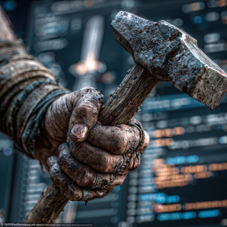 Hands holding a hammer in front of a computer screenの写真素材
