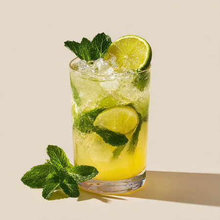 Mojito cocktail with lime, mint and ice on light backgroundの写真素材