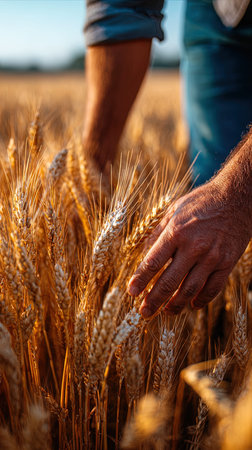 Farmer in wheat field. Close-up of male hands touching wheat ears.の写真素材