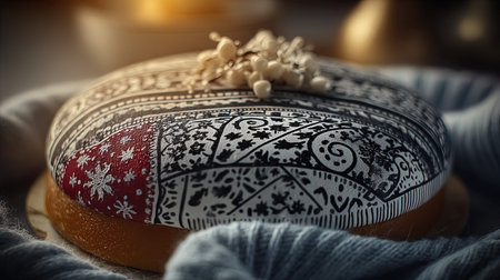 Christmas cake with snowflakes on the background of a warm blanketの写真素材