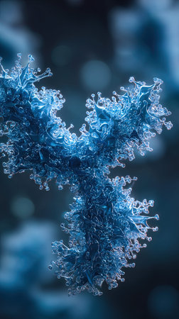 Close up of a blue frozen snowflake on a dark background.