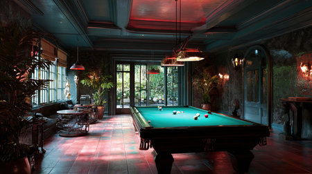 Billiard room interior with billiard table, table and chairs.の写真素材