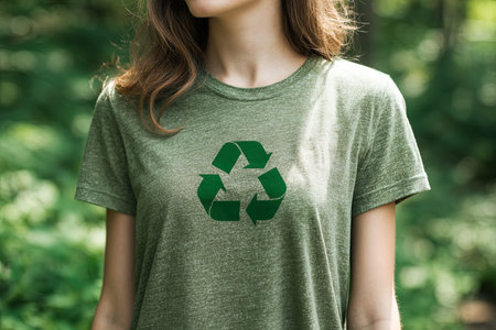 recycle symbol on the green t-shirt of a young womanの写真素材