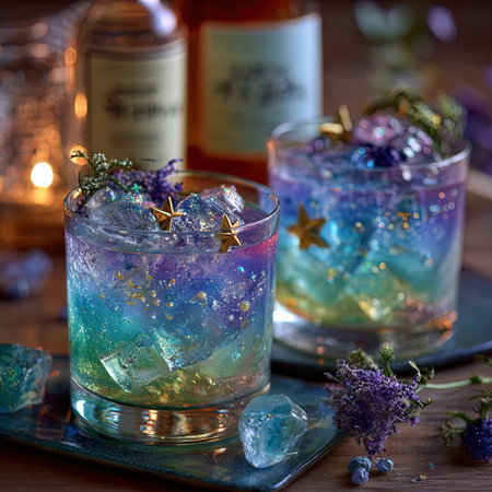 Blue cocktail with lavender, ice cubes and stars on wooden backgroundの写真素材